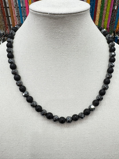 23 Inch Hematite and Tuxedo Onyx Necklace